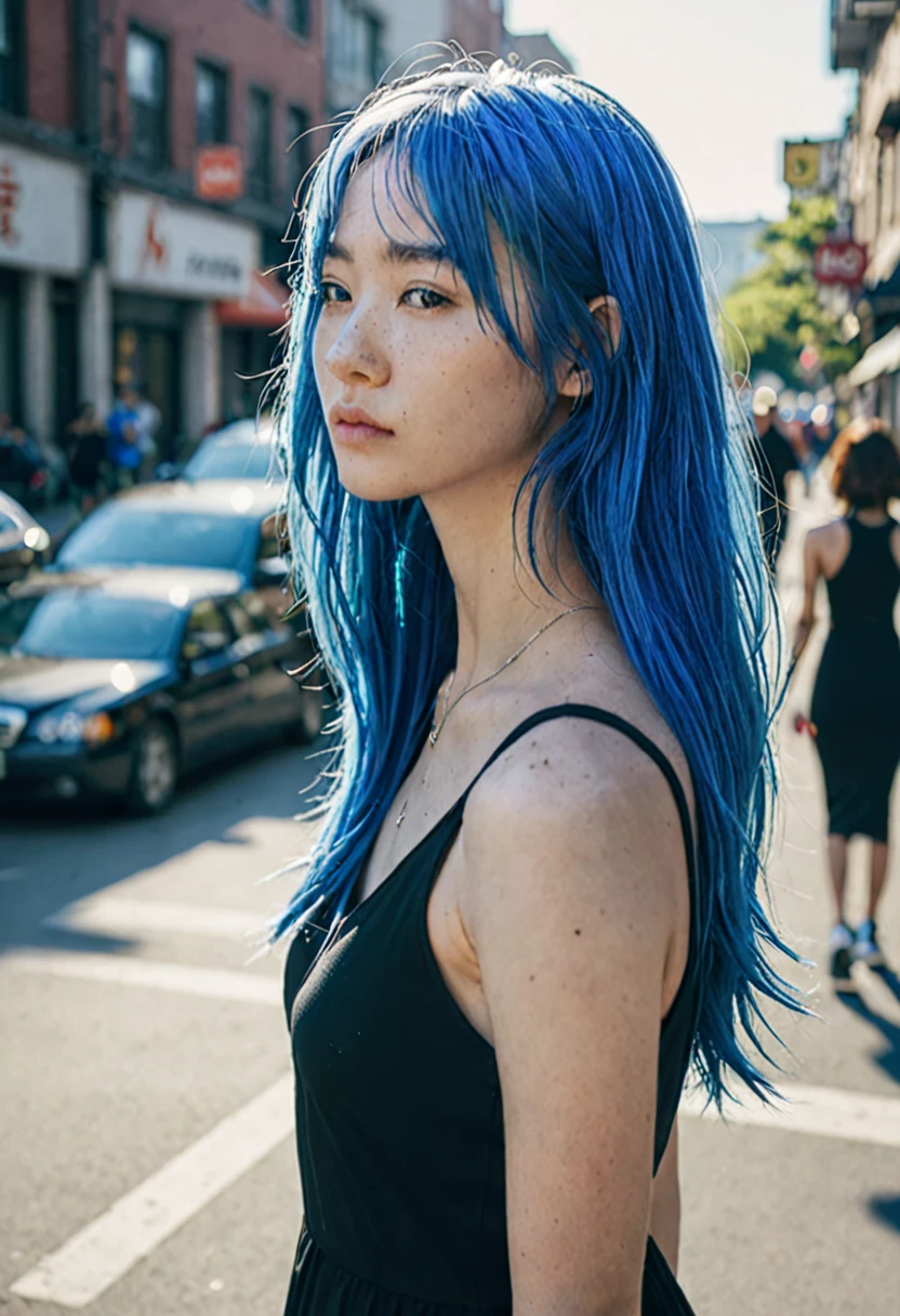 blue hair。Best Anamorphic Lens Photography 50mm Lens Freckled Woman。In the background, the morning sun shines on her hair.、background is blurry。black tight dress。fashionable。I&#39;m wearing Air Force Nike sneakers.。Standing and showing the whole body。Shuttered streets。