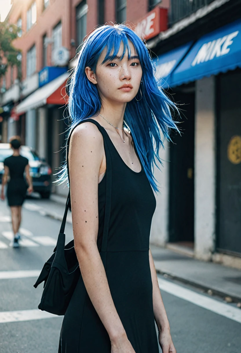 blue hair。Best Anamorphic Lens Photography 50mm Lens Freckled Woman。In the background, the morning sun shines on her hair.、background is blurry。black tight dress。fashionable。I&#39;m wearing Air Force Nike sneakers.。Standing and showing the whole body。Shuttered streets。