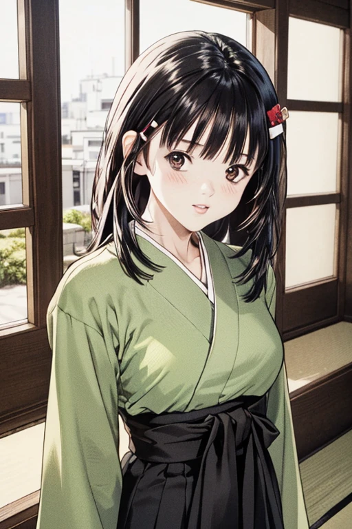 (8K、top-quality、masterpiece:1.2)、(realisitic、ultra-detailliert、超A high resolution、1 girl,beautifull detailed face,perfect body,((long black hair)),((daytime)),Constriction、(Slim waist :1.3)、Beautiful detailed skin、Skin Texture、Floating hair、((daylight)),(miko:1.1),red hakama,hakama skirt, japanese clothes, kimono,wide sleeves,white kimono, ,hair ornament, hairclip,japanese shrine,in full face blush,((daytime))((upper body shot))