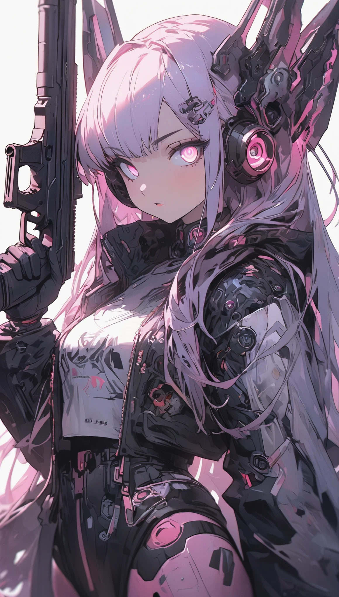 (highest quality、masterpiece、High resolution、detailed)anime style、flat style、(Shining eyes、detailed美しい顔), BREAK,dark_fantasy, cyber punk, (gun, 1.1), 1 person, Wonders of the machine, Robotic presence, Cybernetics Guardian, green, 8K, simple background, BREAK,