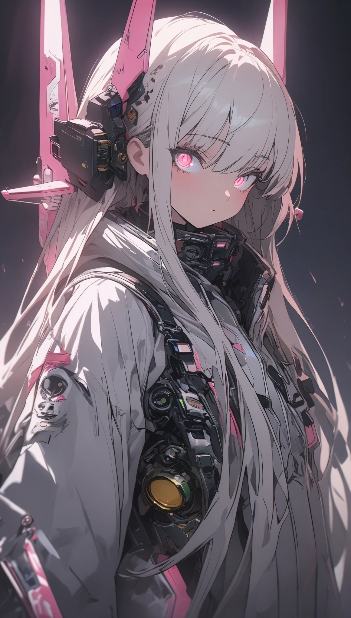 (highest quality、masterpiece、High resolution、detailed)anime style、flat style、(Shining eyes、detailed美しい顔), BREAK,dark_fantasy, cyber punk, (gun, 1.1), 1 person, Wonders of the machine, Robotic presence, Cybernetics Guardian, green, 8K, simple background, BREAK,