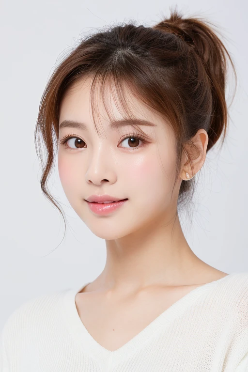 A realistic photo of one cute Taiwanese star,ponytail、Up Hair, short hair, white skin, light makeup, chest size 40 inches, Wearing a white V-neck sweater,, White wall background, close-up portrait, UHD