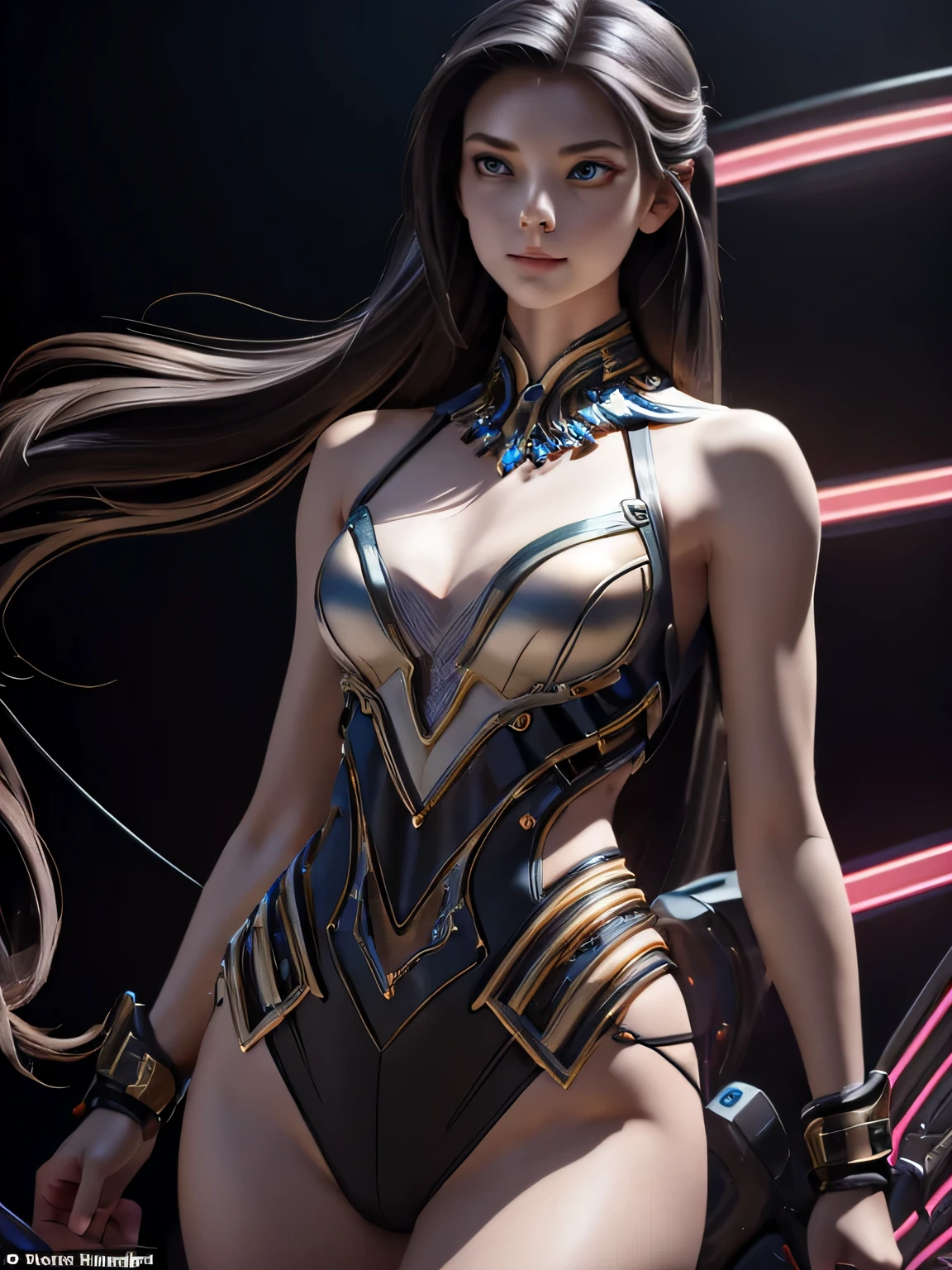 Behold the breathtakingly beautiful battle android, her sleek metallic frame glistening under the soft, ambient glow of neon lights. Her curves are not merely a construct of wires and gears but an artfully crafted embodiment of feminine grace and power. With long, flowing silver locks that cascade behind her, her large, expressive amber eyes sparkle with a mischievous intelligence.
Her slender waist contrasts her broad, well-defined shoulders, and her toned hips sway with each precise step she takes. Dressed in a form-fitting suit that accents her lithe figure, her arms are embellished with intricate, glowing circuit