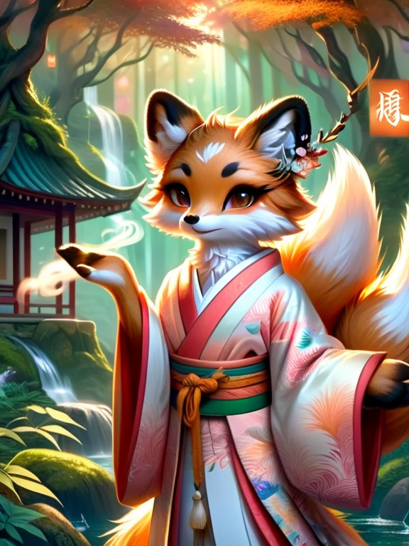 vibrant forest backdrop, mystical aura, elegant hand gestures, traditional Japanese landscape, intricate kimono pattern, auspicious colors, ethereal glow, serene expression, wisps of smoke, hidden wisdom, enchanting charm, fox transformation abilities, delicate brush strokes, tranquility, ancient knowledge, nature's healing power, swirling leaves, magical herbs, balance of yin and yang, fox mask, divine connection, harmonious surroundings