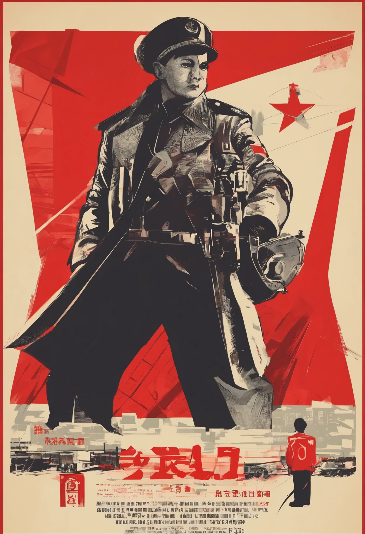 CCCP poster, Soviet Union,Red monochrome, Soviet Union,,Black_hair,Red_Eye,teenager, Side light, reflection, A doctor is located in the lower left corner of the screen, Right hand extended, There are countless people like him behind him.,The red star in the upper right corner of the screen, Soviet Union风格,