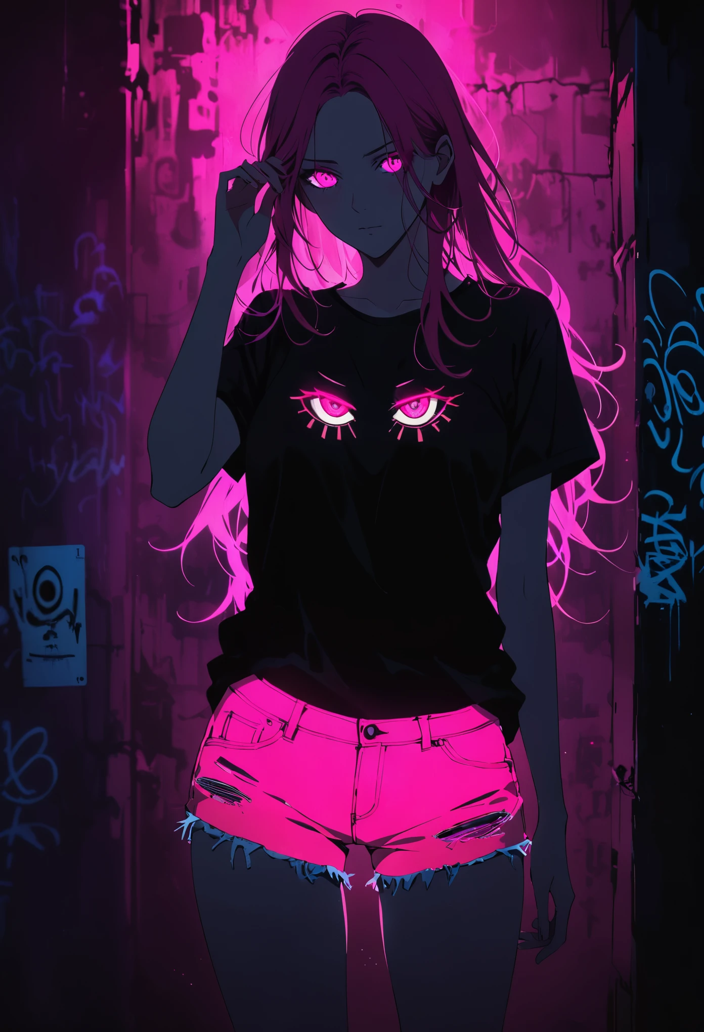 (Portrait of a mysterious giant eye)，indoor，Fluorescent illumination，(((Darkness shrouded)))，Wall background，black background，silhouette，shadow，extreme darkness，Minimalist graffiti style background，Fluorescent pink eye graffiti，Dark atmosphere，cowboy shot,1girl,Oversized black T-shirt，Medium Breast，Waistless T-shirt，underboob，blurred background，Blurred foreground，Pink fluorescent hair，Fluorescent pink eyes，Hand raised and touching hair，long hair，Messy hair，Low rise denim shorts，Over-the-knee boots，pink eye shadow，Ruined eyeshadow，Poker face，