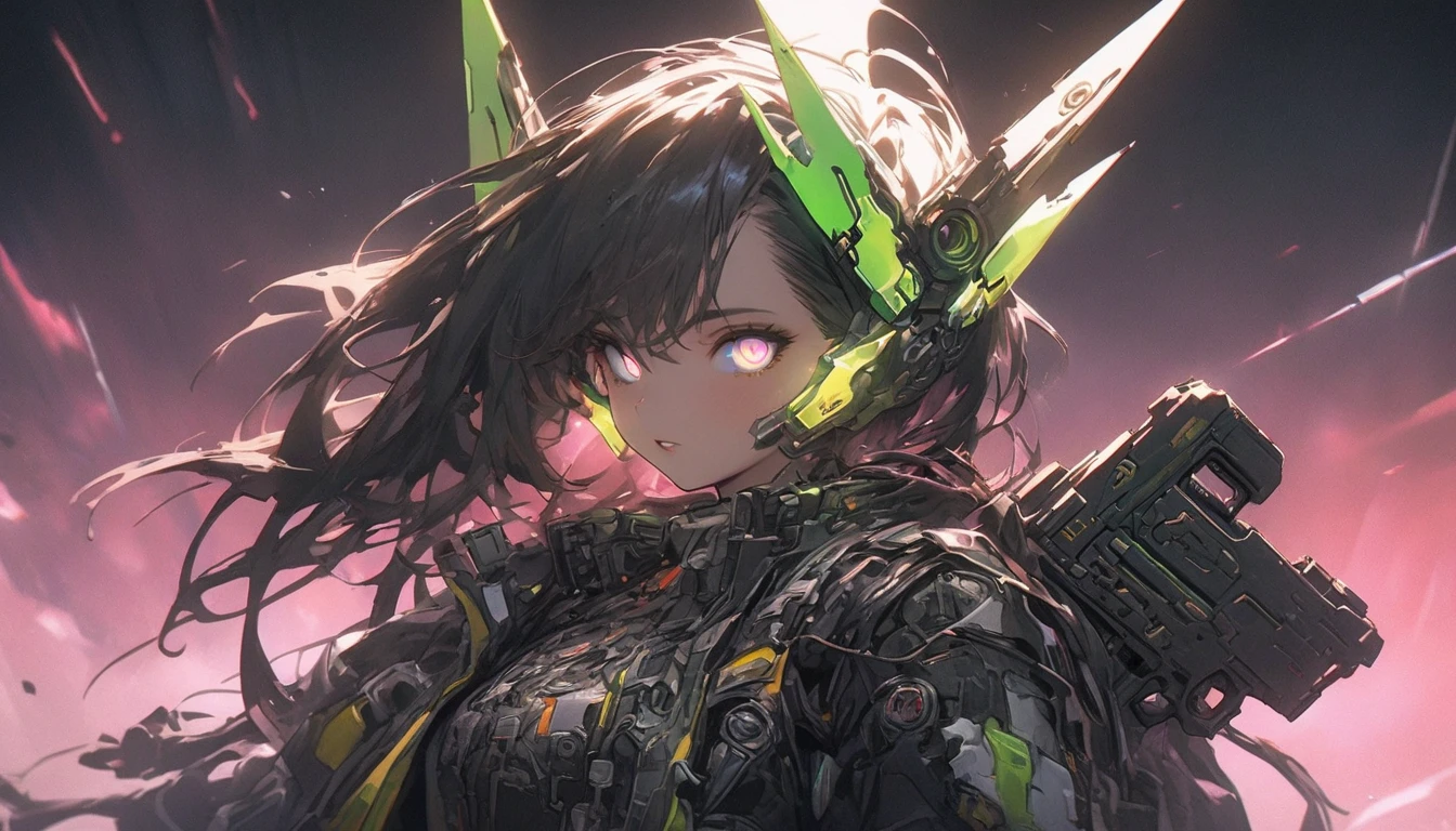 (highest quality、masterpiece、High resolution、detailed)anime style、flat style、(Shining eyes、detailed美しい顔), BREAK,dark_fantasy, cyber punk, (gun, 1.1), 1 person, Wonders of the machine, Robotic presence, Cybernetics Guardian, green, 8K, simple background, BREAK,