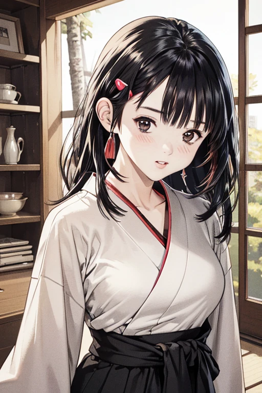 (8K、top-quality、masterpiece:1.2)、(realisitic、ultra-detailliert、超A high resolution、1 girl,beautifull detailed face,perfect body,((long black hair)),((daytime)),Constriction、(Slim waist :1.3)、Beautiful detailed skin、Skin Texture、Floating hair、((daylight)),(miko:1.1),red hakama,hakama skirt, japanese clothes, kimono,wide sleeves,white kimono, ,hair ornament, hairclip,japanese shrine,in full face blush,((daytime))((upper body shot))