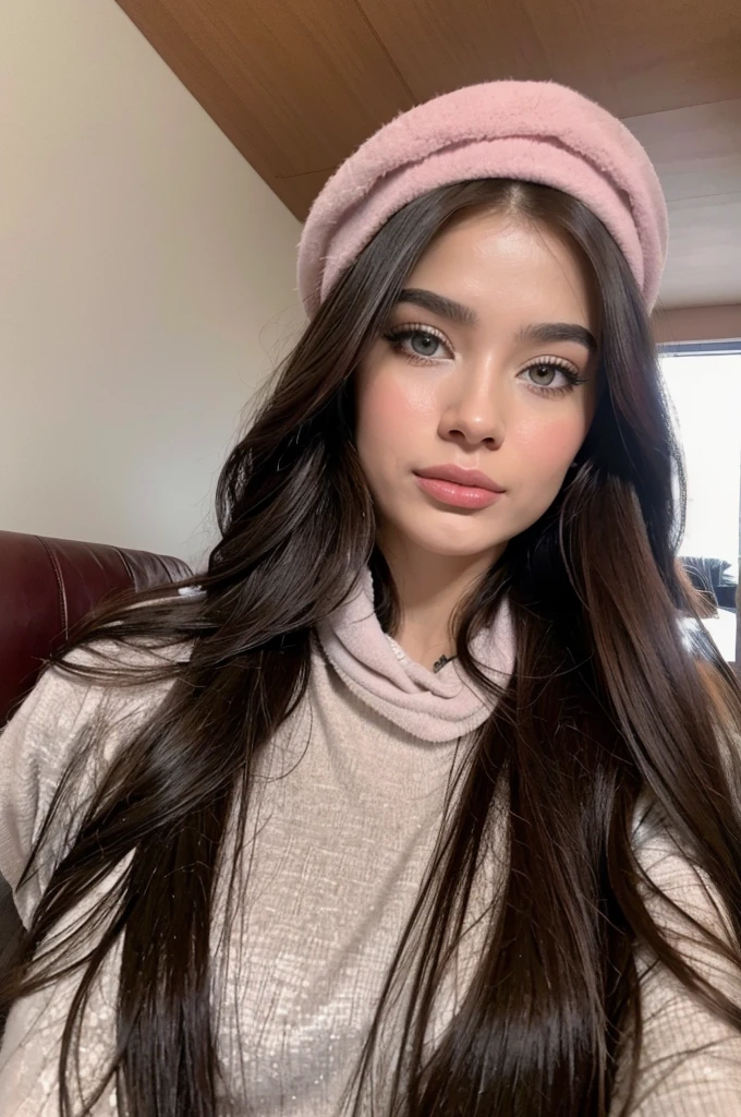 Professional photograph, best quality, 8K, hyper detailed, upper body, selfie photo. A close up portrait of a Gorgeous, pretty, warm-hearted, kind-hearted, good-hearted, stunning, cheerful, sweet, polite, sensitive, sensible, shiny, charming, alluring, dreamy, graceful, majestic, classy, stylish, flowing super long wavy brown haired argentinian woman, flowing hair, silky hair, glowing hair, ethereal argentinian beauty, exotic argentinian beauty, timeless argentinian beauty, dream argentinian beauty. She has the cutest face, beaming countenance, fair porcelain skin, soft make-up, red lipstick, she is wearing a black leather jacket, a black newsboy cap and a pink scarf.