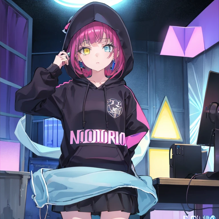 Mika Picasso, 1 girl, blue eyes, Blue hoodie, computer, earrings, hood, hoodie, jewelry, keyboard (computer), logo, logo Parody, mouse(computer), multicolored eyes, pink hair, trash can, alone, white background, yellow eyes, ,