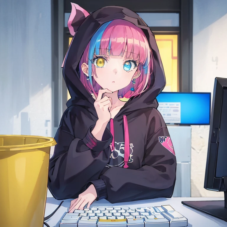 Mika Picasso, 1 girl, blue eyes, Blue hoodie, computer, earrings, hood, hoodie, jewelry, keyboard (computer), logo, logo Parody, mouse(computer), multicolored eyes, pink hair, trash can, alone, white background, yellow eyes, ,