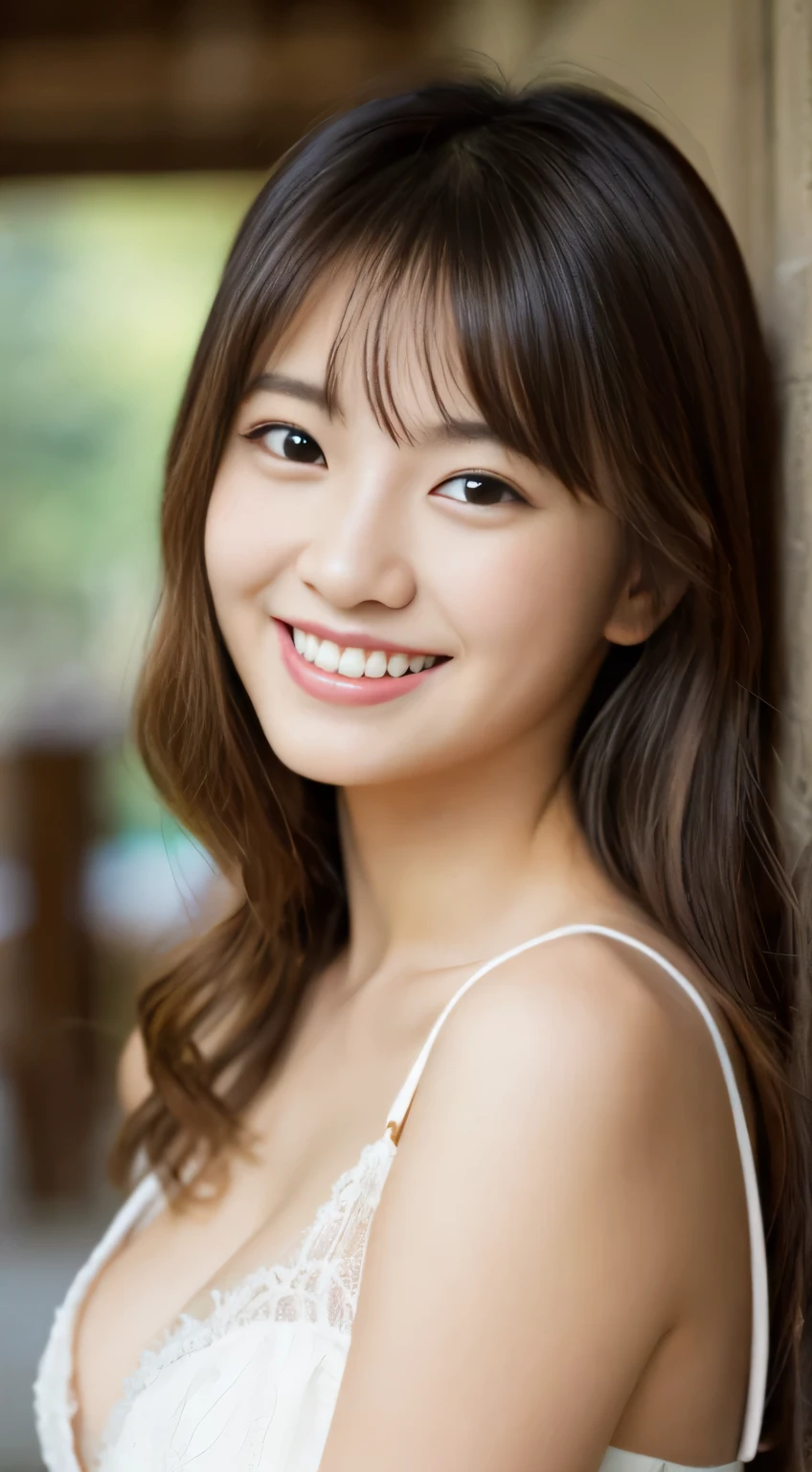 masterpiece,best quality,(Japanese ),((Beautiful girl)),cleavage,indoor,(perfect body beauty:1.2),(shy smile),beautiful teeth,