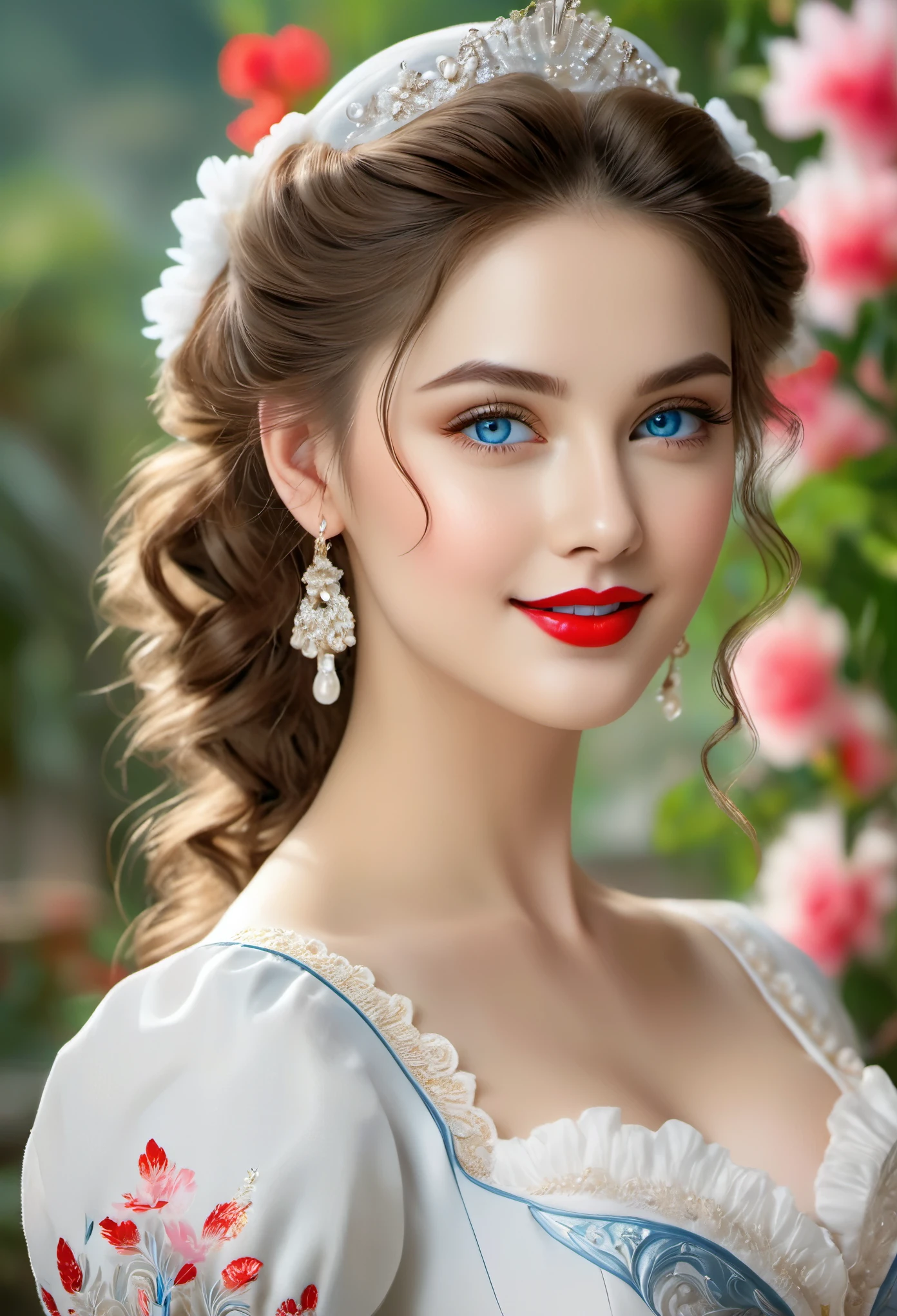 maid outfit,cute girl,beautiful blue eyes,elaborate hairstyle,gorgeous long hair,vivid white skin,delicate features,plump red lips,flawless complexion,alluring gaze,natural beauty,adorable smile,elegant posture,enchanting charm,sensual femininity,feminine allure,lush lashes,captivating presence,charming personality,innocent yet seductive,gentle and graceful,blossoming youthfulness,fetching curves,fashionable attire,sexy and stylish,high-quality materials,exquisite craftsmanship,attention to detail,lovely aesthetics,eye-catching elements,scenic background,harmonious composition,lively colors,soft and gentle lighting,high-quality image resolution,ultra-detailed portrayal,pure and ethereal,refreshing and delightful,ensuring top-notch artistic quality,masterpiece:1.2,ultra-realistic,photorealistic:1.37