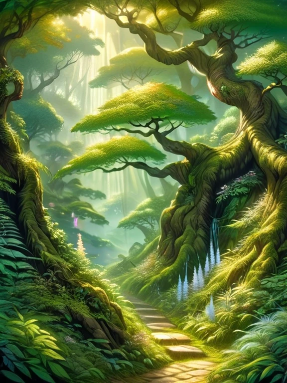 lush green forest, magical atmosphere, traditional Japanese painting techniques, vibrant colors, soft lighting, detailed fur, mystical presence, intricate patterns