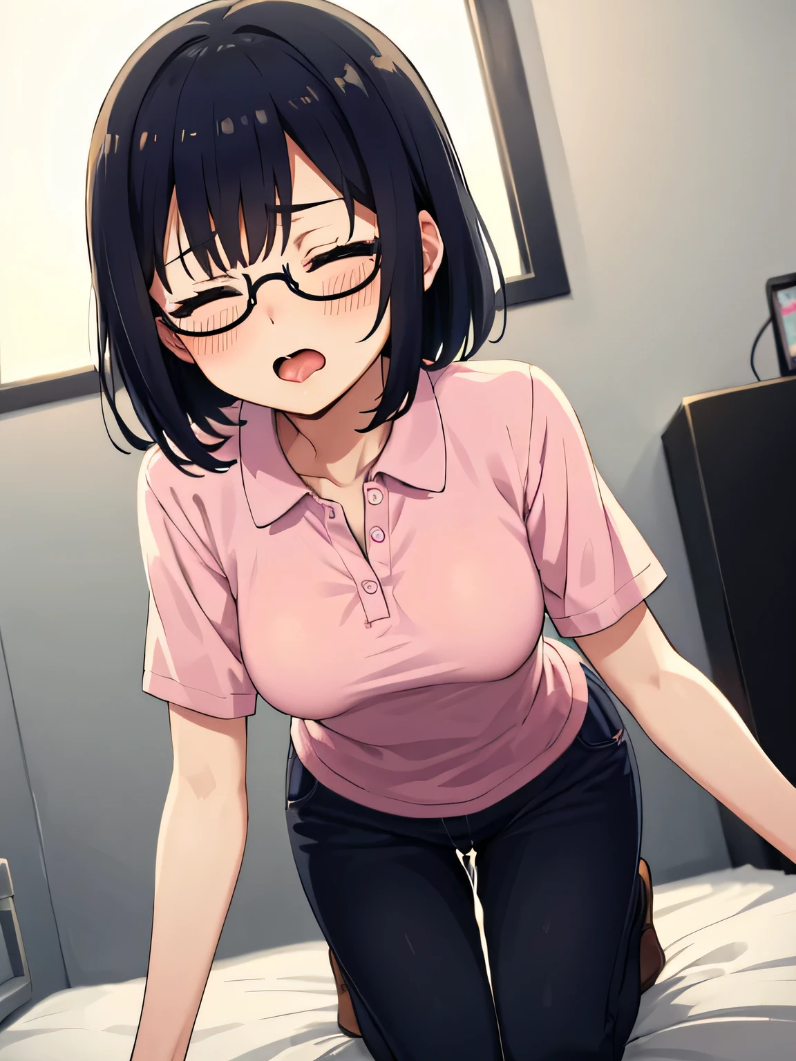 adult woman、Pale magenta polo shirt、Short sleeves, rolled up clothes,  The exact number of fingers、Belly button Belly Exact leg count、Exact number of arms、, short hair black hair, (blush:1), (Put one hand in your panties:1.8), fingering, (pussy juice:1.2), cum in mouth, (Underwear with elaborate and luxurious decorations:1.3), (White and pink panties with lots of lace:1.3), white lace bra:1.2), sexy underwear, beautiful small breasts,  highest quality, High resolution, (fine and beautiful eyes:1.6), highly detailed face, Very detailed CG, (perfect hands, perfect anatomy),embarrassed look、The expression of a person who is holding back from going to the toilet, (Sexual pleasure expression:1.4), (expression of agony:1.2)、close your eyes、sexy look、mouth half open、climax、Whole body hospital examination room