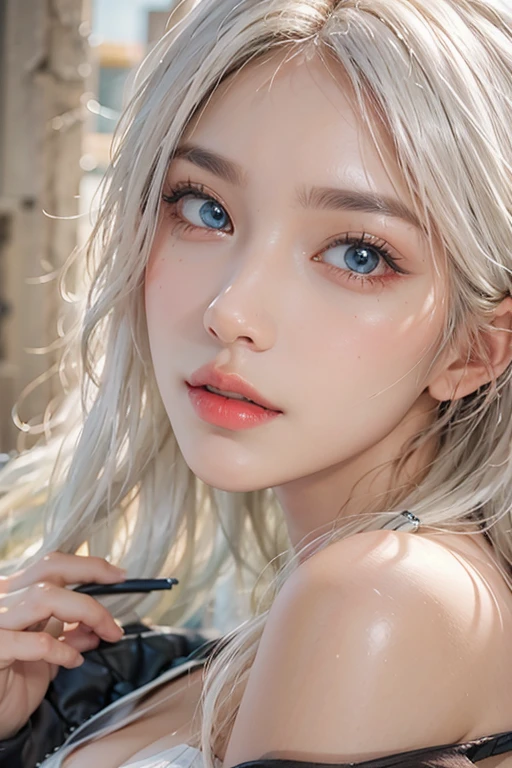 photorealistic, high resolution, 1 women, solo, hips_up, hips up, beautiful eyes, look at viewer, close lips, detailed face, white hair, long hair, micro bikini, thong