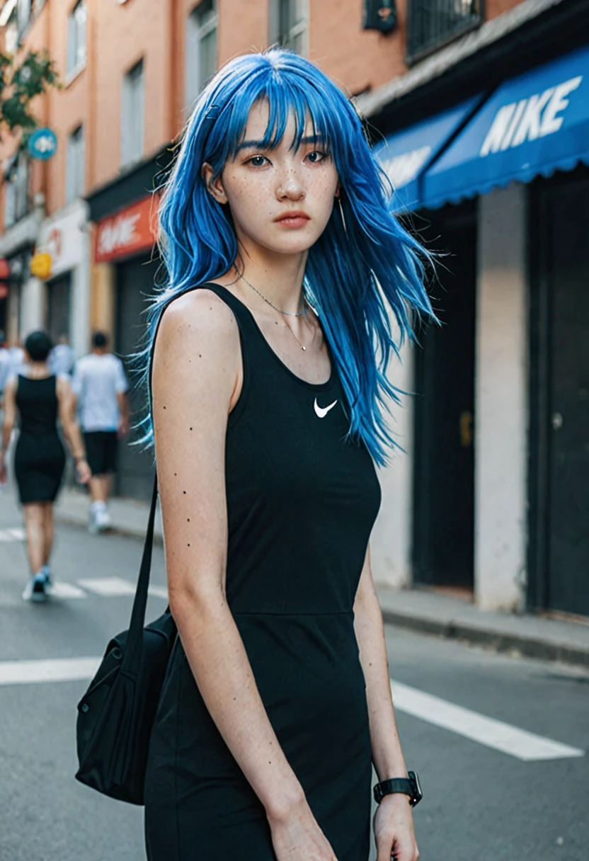 blue hair。Best Anamorphic Lens Photography。Women with freckles。In the background, the morning sun shines on her hair.、background is blurry。black tight dress。fashionable。I&#39;m wearing Air Force Nike sneakers.。Standing and showing the whole body。Shuttered streets。I&#39;m wearing high socks。