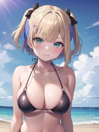 (masterpiece:1.3),((High resolution)),((high quality)),((Super detailed))、1 girl、perfect balance、(Genital tattoo:1.1)、(Groin tattoo:1.1)、(Shiny Tattoos:1.1)、(Ahegao)、perfect face、detailed face、cute face、beautiful詳細な目、Expressive eyes、cute eyes、shiny eyes、perfect body、beautiful体、(((bikini)))、(big breasts)、(head shot)、embarrassing、blush、beach、beautiful女の子、cute face、beautiful顔、cute face、beautiful、best quality、good anatomy、ornaments,Walnut noa、short hair、colorful hair、hair ribbon、hair ornament、thigh strap、smile、closed mouth、blush、Are standing、(NSFW:1.3)