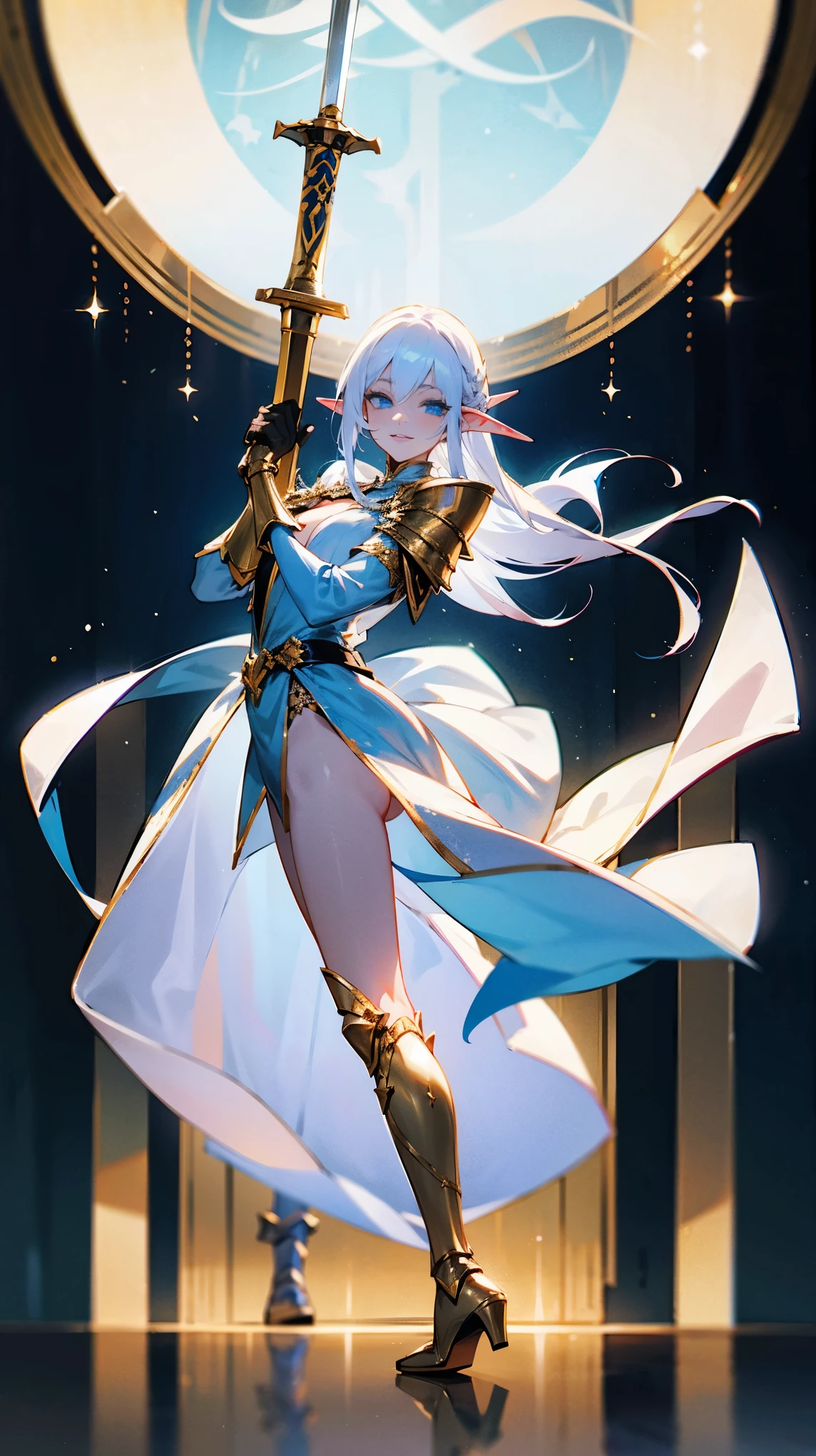 tall elf. white high heel long boot. black glove. blue eyes. white hair. golden sword. armor. half naked. dancing. happy. boot decorated.