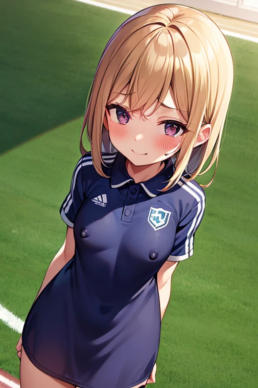 Wearing a soccer uniform with an embroidered logo、 girl with small breasts、Sweaty and looking happy、Her nipples are visible and protruding、lying on the bed、View from the front、Low - Angle、The uniform has an embroidered logo、The fingers of one hand are placed between one's thighs