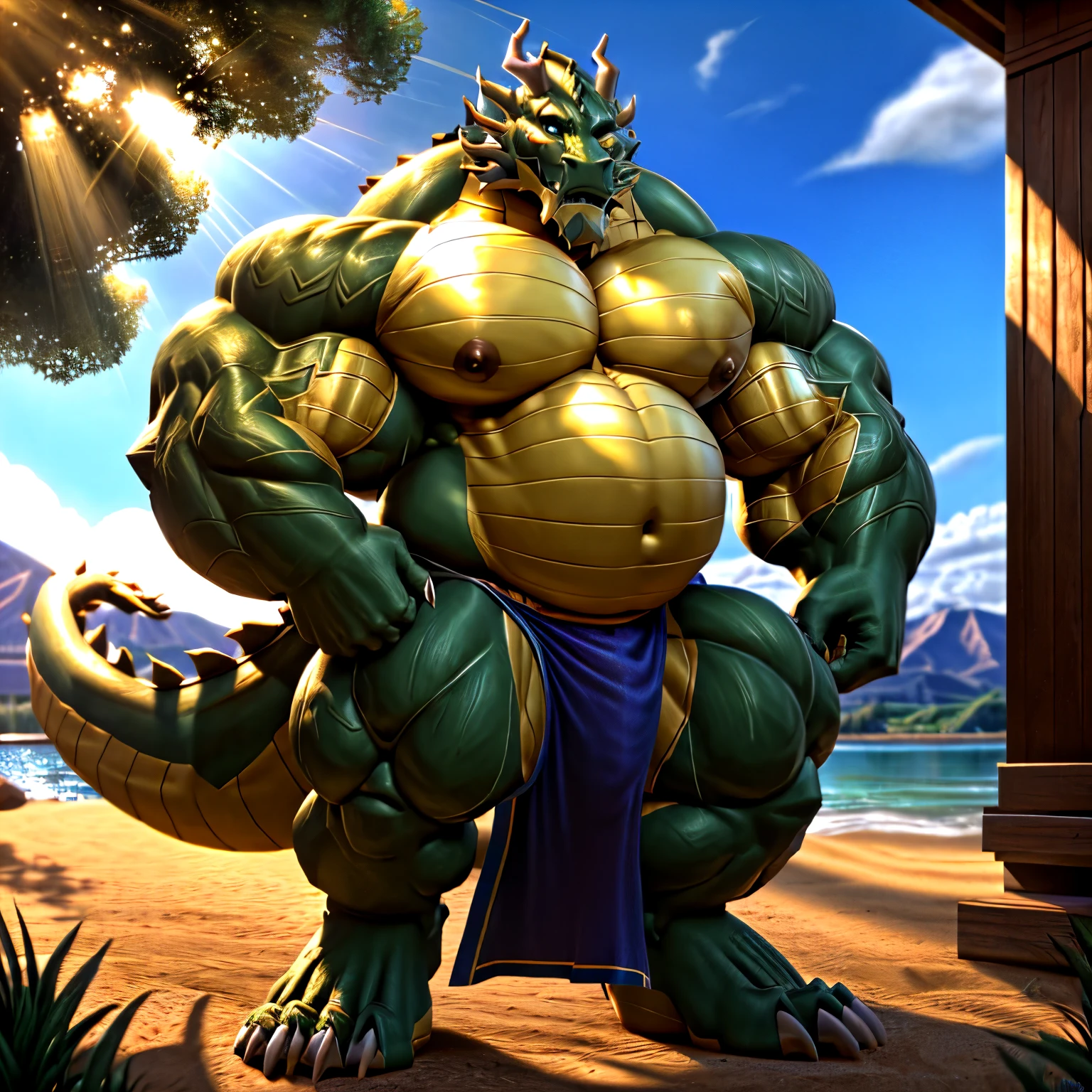 shendu, eastern dragon king, male dragon, eastern dragon,hefty body, with very big muscles, hulking, huge, colossal body, extremely strong, big abdominal muscles, hefty musclegut, pecs, Strong and robust musclegut , prominent muscle abs, sharp claws, legs, feet, full body, loincloth, HDR, nipples, sunlight, daylight, outdoor, bright , at noon, good weather, 4k, best quality .