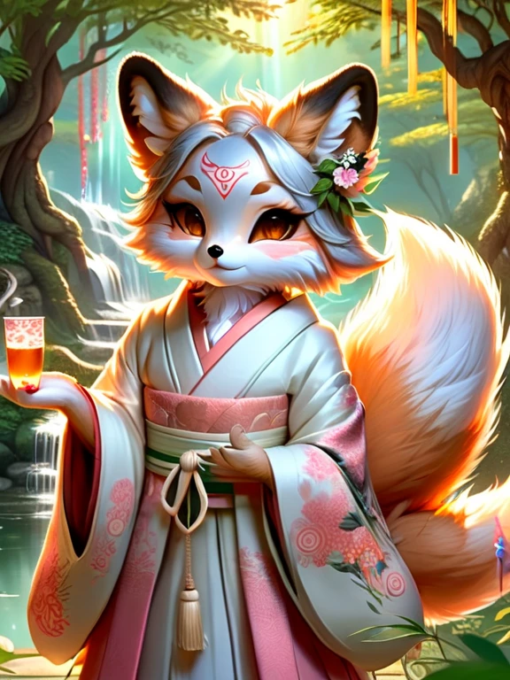 lush garden, vibrant colors, traditional Japanese art style, detailed fox mask, mystical atmosphere, sunlight filtering through the trees, delicate brushwork, serene expression. (best quality, highres, ultra-detailed), traditional Japanese garden, delicate cherry blossoms, flowing water feature, tranquil ambiance, intricate floral patterns on the herbalist outfit, traditional powdered tea set, soothing herbal tea aroma.kitsune, herbalist, herbalist outfit