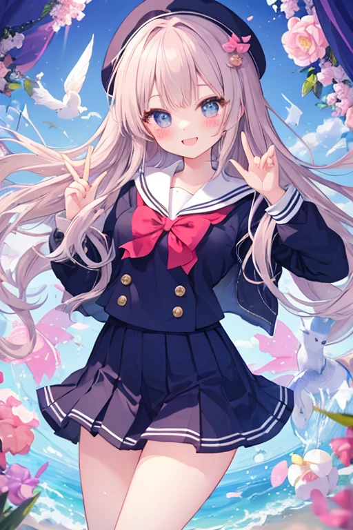 beautiful illustrations, highest quality, pretty girl,beautiful girl、clear face、 half girl、pastel colour 、blush、perfect hands、five fingers、thighs、(perfect face:1.1), smile、sailor suit、uniform、skirt