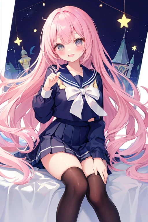 beautiful illustrations, highest quality, pretty girl,beautiful girl、clear face、 half girl、pastel colour 、blush、perfect hands、five fingers、thighs、(perfect face:1.1), smile、sailor suit、uniform、skirt