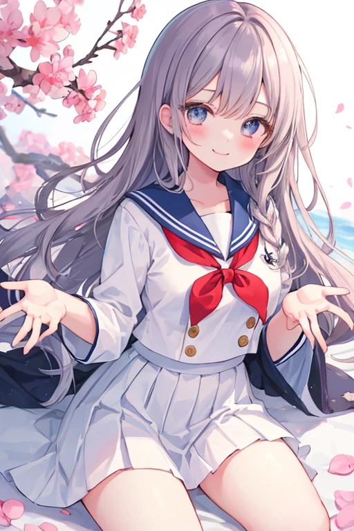 beautiful illustrations, highest quality, pretty girl,beautiful girl、clear face、 half girl、pastel colour 、blush、perfect hands、five fingers、thighs、(perfect face:1.1), smile、sailor suit、uniform、skirt