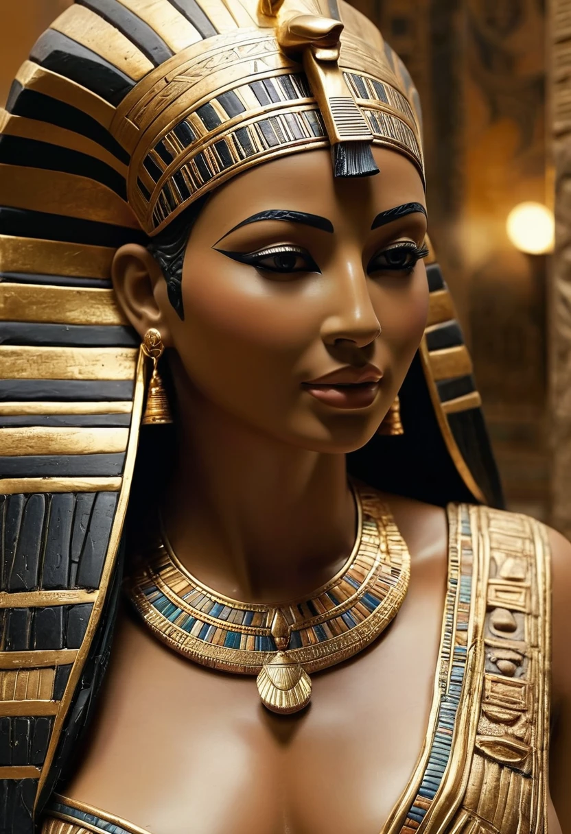 (best quality,4K,highly detailed foto full body shot),ancient Egyptian-style stone statue of a woman, topless; (thick chubby), soft skin, voluminous, seductive face expression, seductive smile, mesmerizing eyes, intricate headdress, delicate features, delicate carving details, smooth texture, captivating pose, elegant posture, radiant beauty, majestic presence, mystical aura, adorned with jewels and gold, regal attire, flowing robes, elaborate patterns, intricate engravings, rich color palette, warm earth tones, golden accents, soft lighting, dramatic shadows, mesmerizing gaze, enchanting atmosphere displaied in a museum