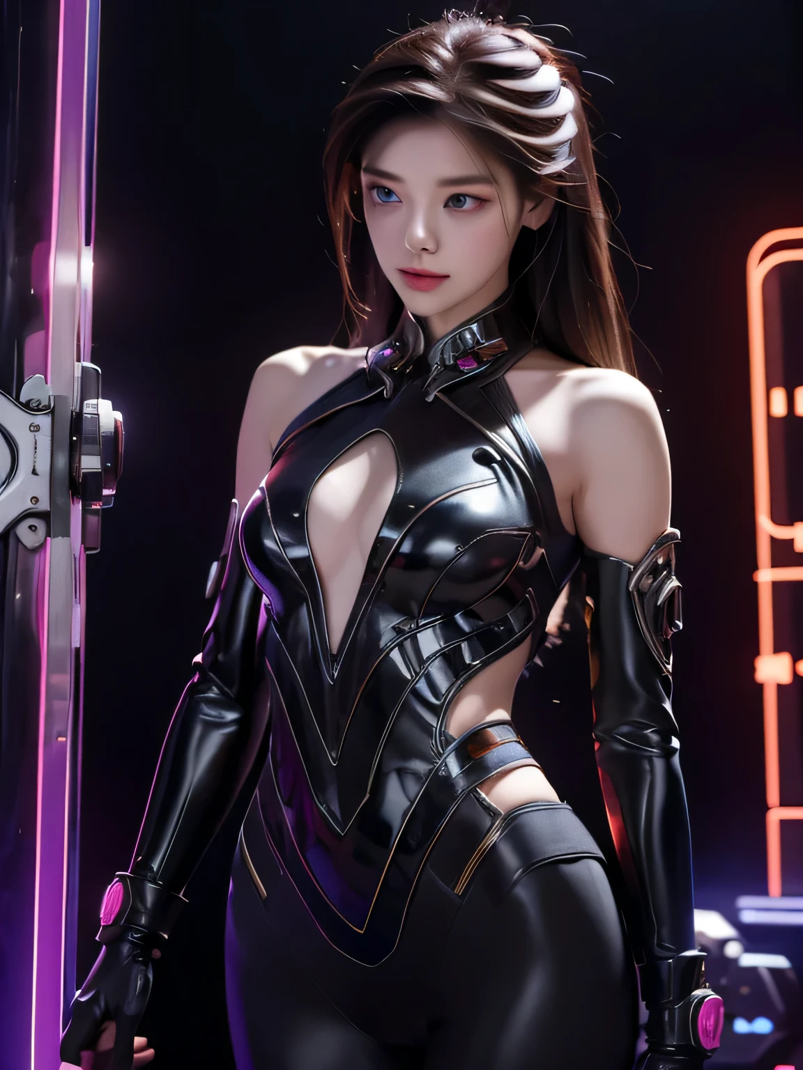 Behold the breathtakingly beautiful battle android, her sleek metallic frame glistening under the soft, ambient glow of neon lights. Her curves are not merely a construct of wires and gears but an artfully crafted embodiment of feminine grace and power. With long, flowing silver locks that cascade behind her, her large, expressive amber eyes sparkle with a mischievous intelligence.
Her slender waist contrasts her broad, well-defined shoulders, and her toned hips sway with each precise step she takes. Dressed in a form-fitting suit that accents her lithe figure, her arms are embellished with intricate, glowing circuit