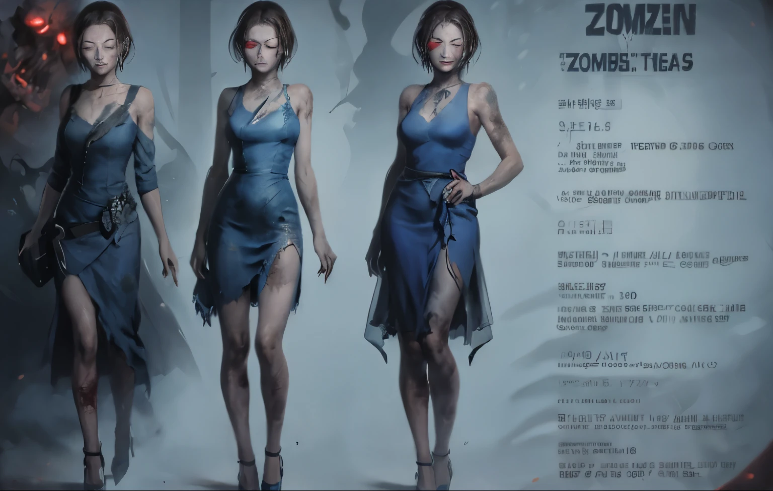 A zombie in a blue dress,Right hand covering left hand,Scars all over body, Pain with eyes closed,Wearing high heels,full body shot, Detailed description of each part
