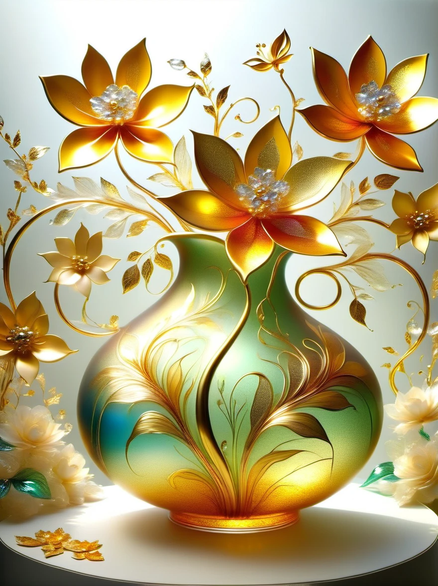 (Gold Leaf Art:1.6), A delicate vase made of artistic Murano glass with gold leaf,Various shades of gold foil colors shimmer in the golden morning sun,The beautiful pattern on the vase is like the graceful curves of gold foil,Like a melody in a dance,(The vase is filled with delicate gold leaf art flowers:1.5),As if under the charming charm of nature,They bloom into life in a whimsical magical garden
