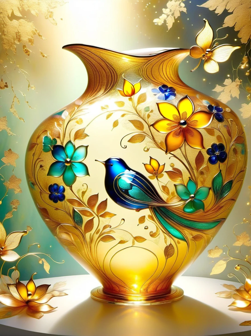 (Gold Leaf Art:1.6), A delicate vase made of artistic Murano glass with gold leaf，Various shades of gold foil colors shimmer in the golden morning sun，The beautiful pattern on the vase is like the graceful curves of gold foil，Like a melody in a dance，(The vase is filled with delicate gold leaf art flowers:1.5)，As if under the charming charm of nature，They bloom into life in a whimsical magical garden