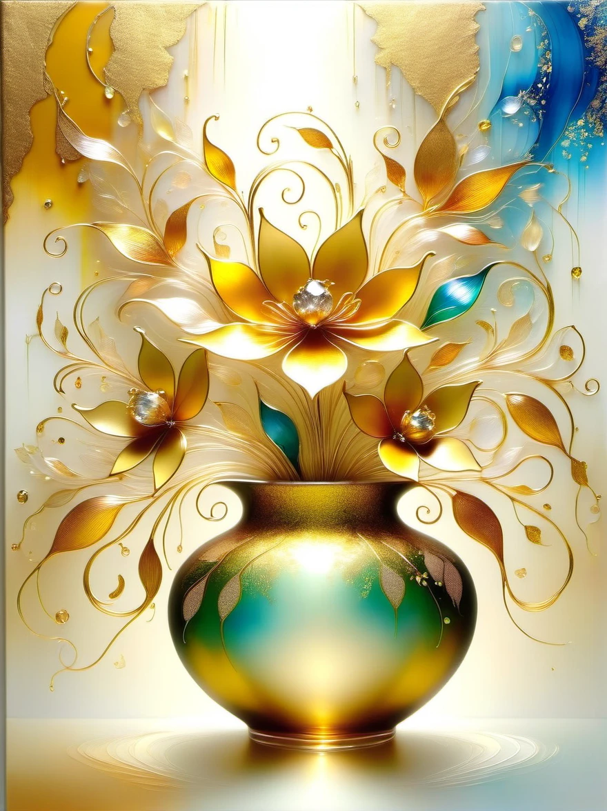 (Gold Leaf Art:1.6), A delicate vase made of artistic Murano glass with gold leaf，Various shades of gold foil colors shimmer in the golden morning sun，The beautiful pattern on the vase is like the graceful curves of gold foil，Like a melody in a dance，(The vase is filled with delicate gold leaf art flowers:1.5)，As if under the charming charm of nature，They bloom into life in a whimsical magical garden