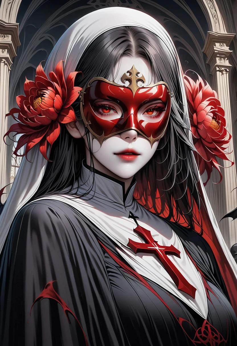(best quality,4K,8K,high resolution,masterpiece:1.2),Super detailed,(actual,photoactual,photo-actual:1.37),Giant cross:1.37,Spacious church,Beautiful nun,black robe,(meticulously made,Gorgeous) mask,Demons around,skull,bloody,red lily,red chrysanthemum,flame,Light.bloody,blood stains,,flame,