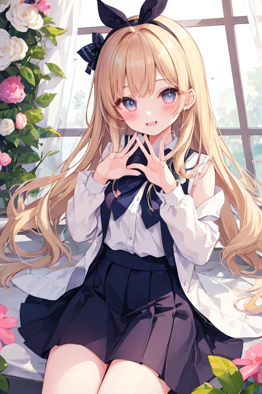 beautiful illustrations, highest quality, pretty girl,beautiful girl、clear face、 half girl、pastel colour 、blush、perfect hands、five fingers、thighs、(perfect face:1.1), smile、between legs、skirt、girl jumping
