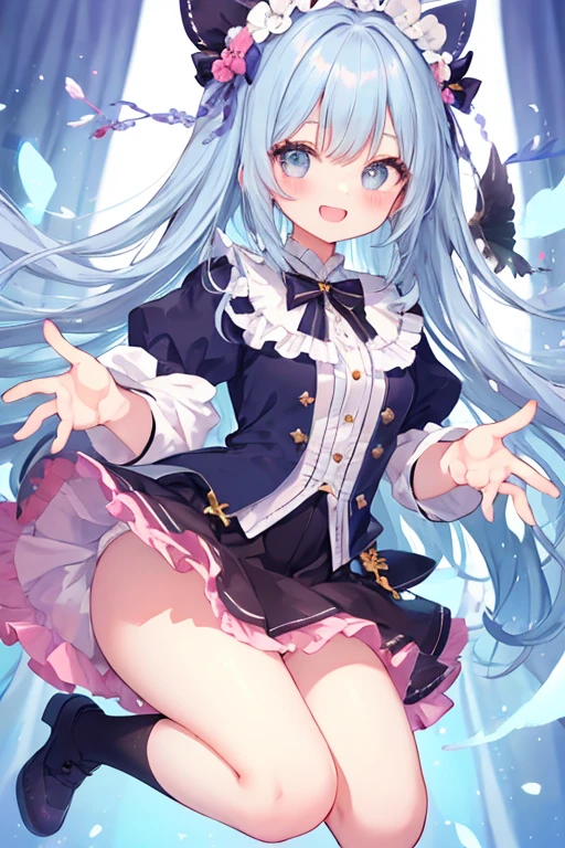 beautiful illustrations, highest quality, pretty girl,beautiful girl、clear face、 half girl、pastel colour 、blush、perfect hands、five fingers、thighs、(perfect face:1.1), smile、between legs、skirt、girl jumping