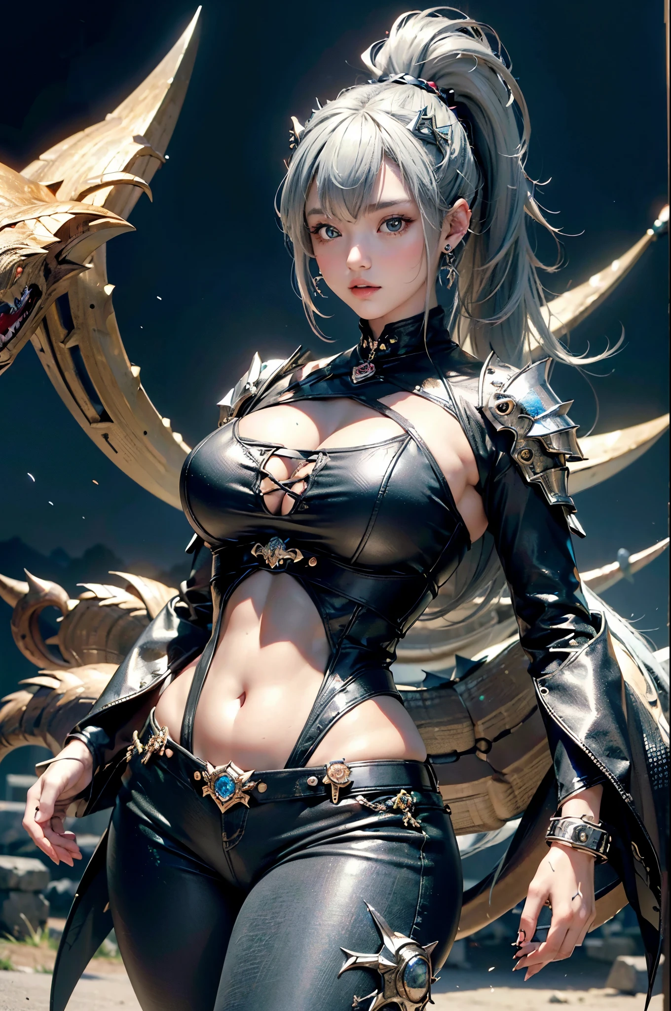 (best quality,4k,8k,highres,masterpiece:1.2),ultra-detailed,photorealistic:1.37,illustration, girl, piercings, silver ring, Monster Hunter, ponytail, Japanese, chubby1.7, curvy1.7, tall1.3, high-definition, super detailed, sharp focus,whole body,,