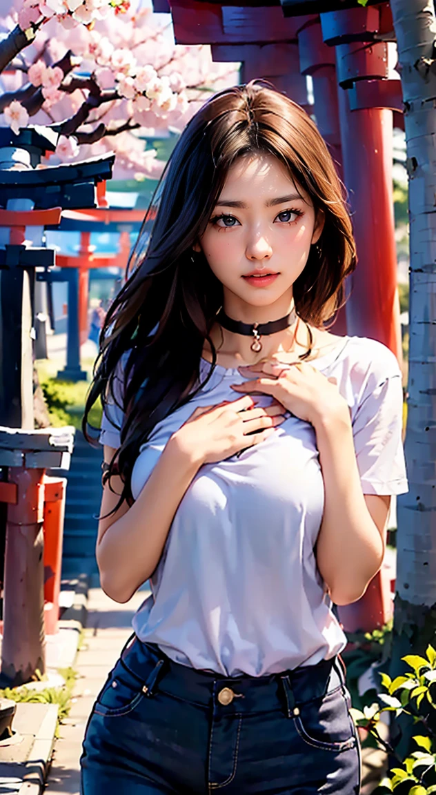 (masterpiece:1.2, highest quality, 8K, advanced details), (realistic, photorealistic:1.4), beautiful illustrations,
looking at the viewer, whole body, Front view:0.6,
((1 mature woman, 32 years old)), Japanese, ((long black hair:1.5, straight hair)), blown hair, bangs, hair between eyes , Big Tits Beautiful Hair, Beautiful Hairstyles, beautiful face, beautiful and detailed eyes, (shining eyes:1.3), beautiful clavicle, beautiful body, beautiful breasts, beautiful thighs, beautiful feet, beautiful fingers, perfect anatomy:1.3, perfect anatomy,
((Place your left hand on your chest:1.3)),
(Look at the viewer while blushing:1.3)
((Pants too, choker:1.3)), ((shrine:1.6, Within the territory, torii, Cherry tree:1.3))