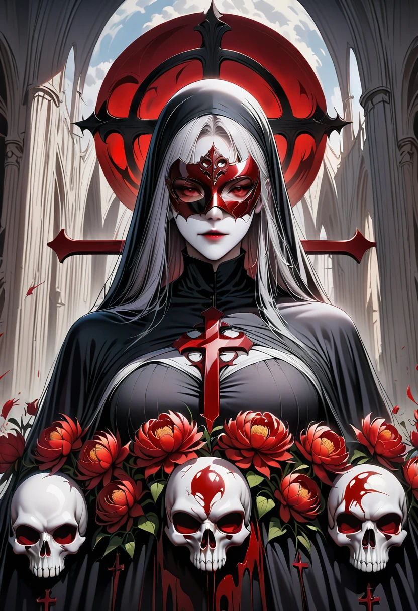 (best quality,4K,8K,high resolution,masterpiece:1.2),Super detailed,(actual,photoactual,photo-actual:1.37),Giant cross:1.37,Spacious church,Beautiful nun,black robe,(meticulously made,Gorgeous) mask,Demons around,skull,bloody,red lily,red chrysanthemum,flame,Light.bloody,blood stains,,flame,