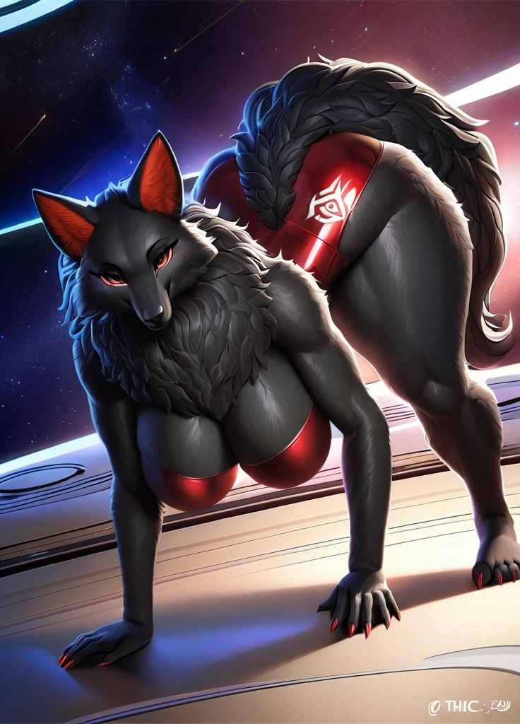 highly detailed, high quality, masterpiece, beautiful, (full shot, on front view, normal angle), tall, voluptuous, athletic female, wolf, black fur, totally dark fur, white tribal markings on thighs, red inner ear, red one piece swimsuit latex, large breasts, feet, 5 toes, sharp toenails, toe claws, red claws, plantigrade, wide hips, curvy figure, curvaceous, wedgie, bearing hips, smooth fur, long fur face, thick thighs, thicc, topless, long wolf tail, fluffy tail, wide and long snut, long wolf's mane, red eyes, black clera, curved eyebrows, standing, bent over to viewer, hand on thigh, holding both thighs, face down ass up, exposed ass, looking at the viewer, mommy love you so much, smilling, pleasure face, in a space ship