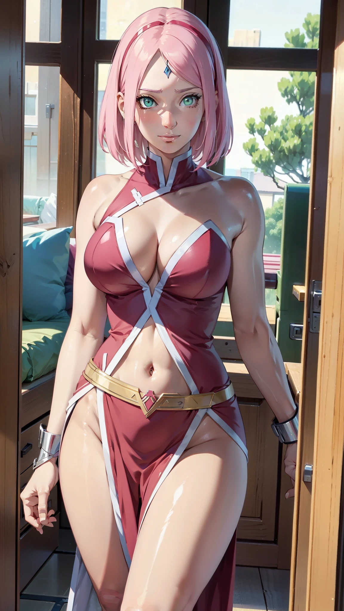 Sakura Haruno,1 rapariga, medium breast,Perfect body,a wide waist,Sexy body,light pink colored hair,Green eyes,symetrical face,Sharpness,sharp focus, detailed outfits,Cute smile,looking at viewer,pause, blushing,shy face,leaning towards viewer, detailed face,Deep blue diamond on forehead,wearing wonder woman costume, big thighs, muscular body, navel, groin,full-body