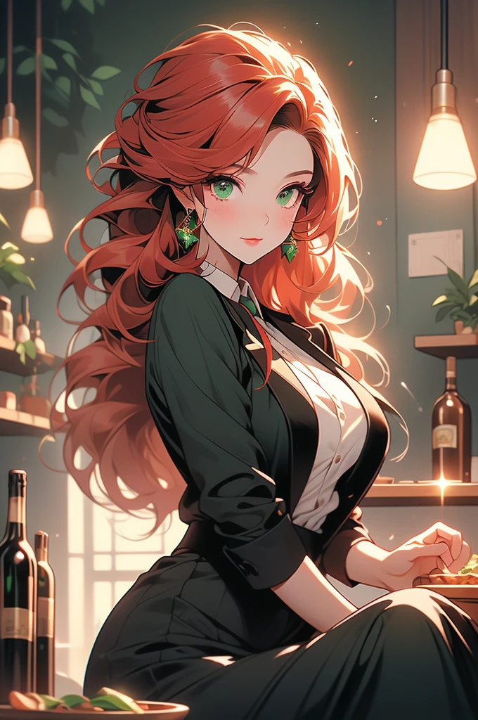 beautiful redhead woman in a dark green dress in a bar