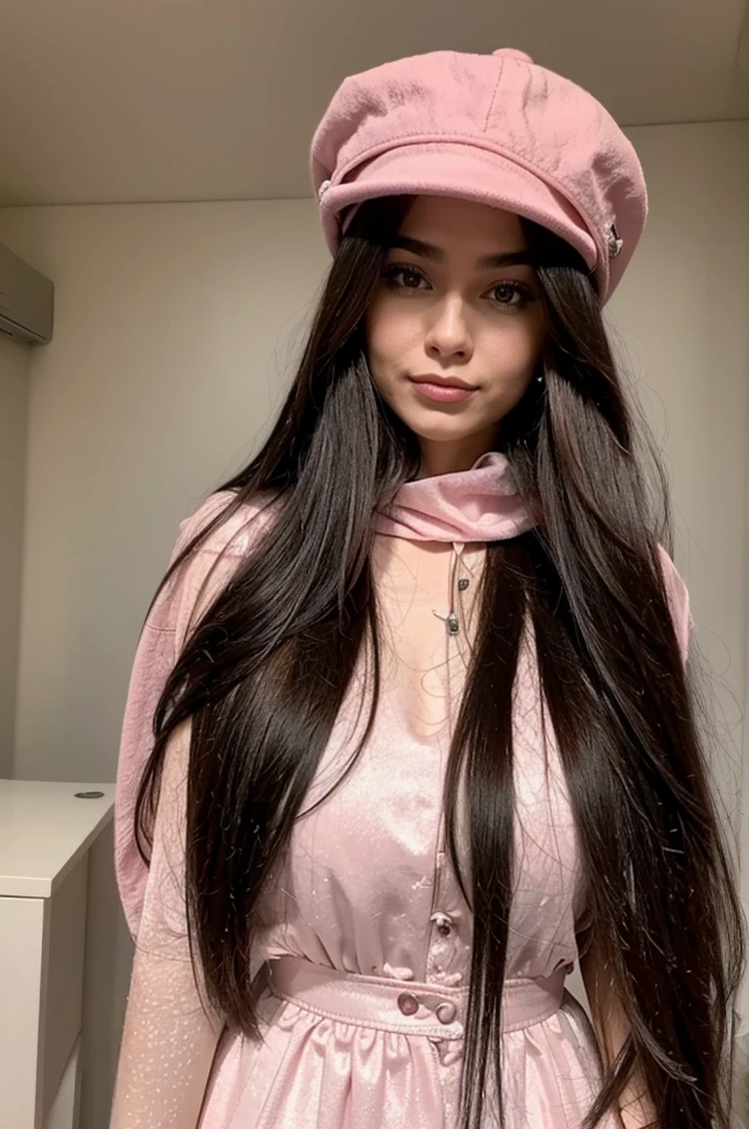 Professional photograph, best quality, 8K, hyper detailed, upper body, selfie photo. A close up portrait of a Gorgeous, pretty, warm-hearted, kind-hearted, good-hearted, stunning, cheerful, sweet, polite, sensitive, sensible, shiny, charming, alluring, dreamy, graceful, majestic, classy, stylish, flowing super long wavy brown haired argentinian woman, flowing hair, silky hair, glowing hair, ethereal argentinian beauty, exotic argentinian beauty, timeless argentinian beauty, dream argentinian beauty. She has the cutest face, beaming countenance, fair porcelain skin, soft make-up, red lipstick, she is wearing a black leather jacket, a black newsboy cap and a pink scarf.