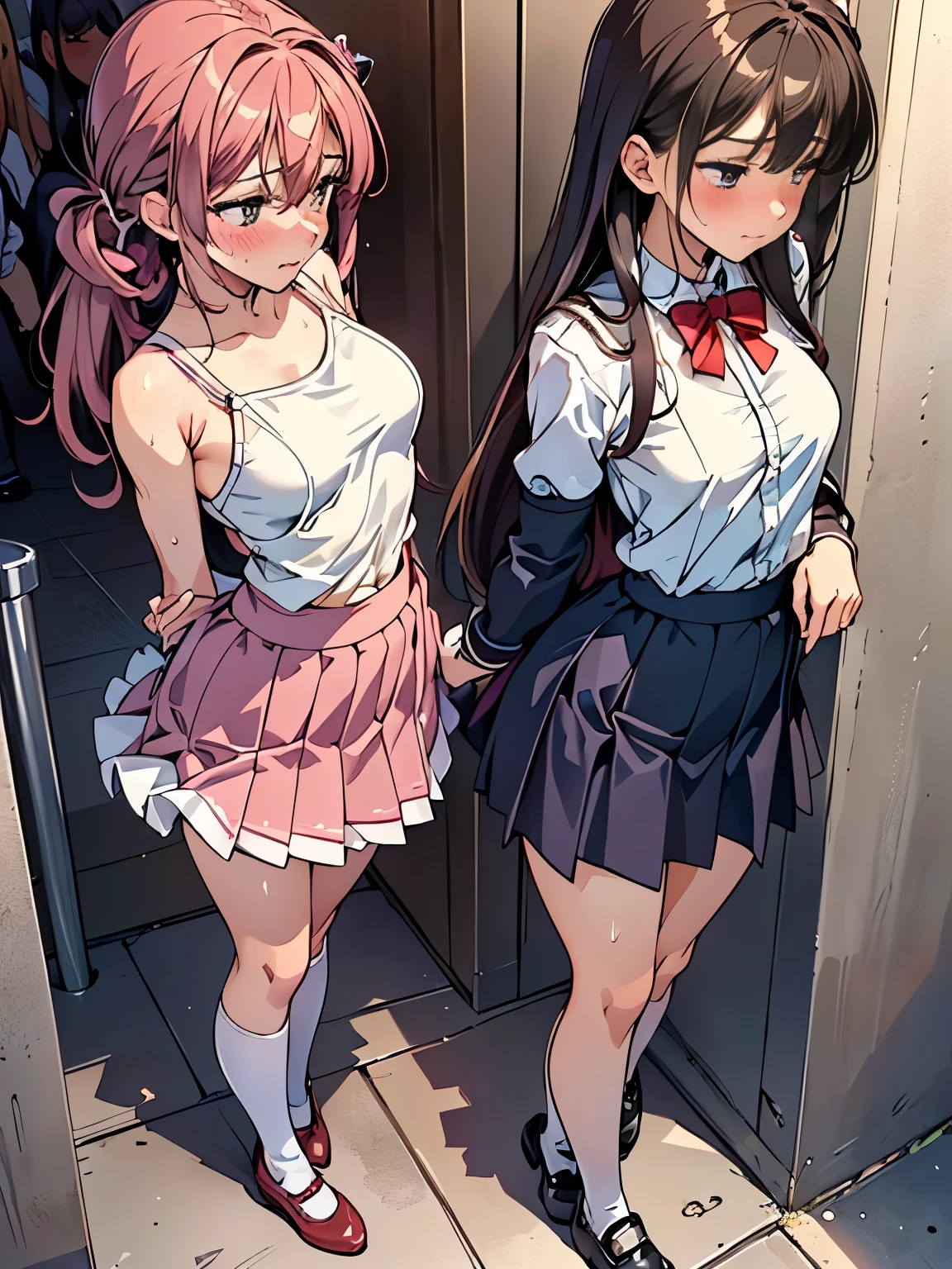 (ultra-detailed, best quality, anatomically perfect body), (medium, small breast:1.4), (parted lips:1.6), shiny skin, (2 girls), (have to pee, very desperate to pee, want to pee:1.2), (high school, arrived at toilet:1.2), (standing), (cardigan, white school uniform:1.3), (long skirt:1.8), (socks, shoes:1.3), (knees together and feet apart:1.2), (Rub each other's thighs:1.5), (hand between legs:1.2), (leaning forward), (hold the pussy:1.8), (blush:1.7), (embarrassment), flowing sweat, (impatience:1.5), (breathless:1.4), (thin eyes, looking away:1.5), (full body), (from side)
