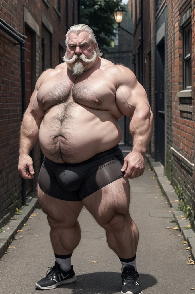  A blonde British wrestler from the late 19th century, standing full length a sweaty old man with black and gray hair parted in the middle very large handlebar mustaches extremely muscular and extremely fat over 70 years old weighing over 600 pounds with extremely large and very muscular sagging pecs and very hairy with gynecomastia and very large, pointed, dark nipples and relaxed muscles in an alley in Victorian London wearing only white and red horizontal striped tights 