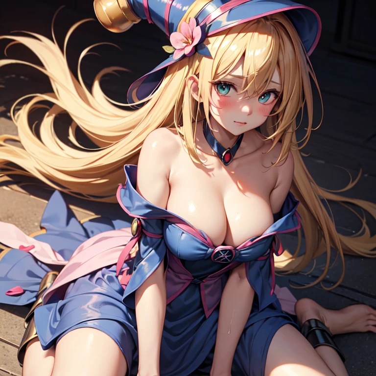 master piece,best quality,ultra detailed,8k,
ambient light,realistic skin,glossy skin,(Trapped in a glass bottle:1.4)、Sakura tree in a glass bottle、
(dark magician girl, duel monster, blush stickers, blonde hair, green eyes, long hair, breasts, blush, bangs, large breasts, hair between eyes, pentacle, pentagram, hat, dress, cleavage, bare shoulders, collarbone, choker, blue headwear, wizard hat, bracer, detached sleeves;)、
(the body is very wet:1.5)、yukata、glossy lips、Slightly emphasize the lower lip、blush、embarrassed expression、emphasizing the cleavage、