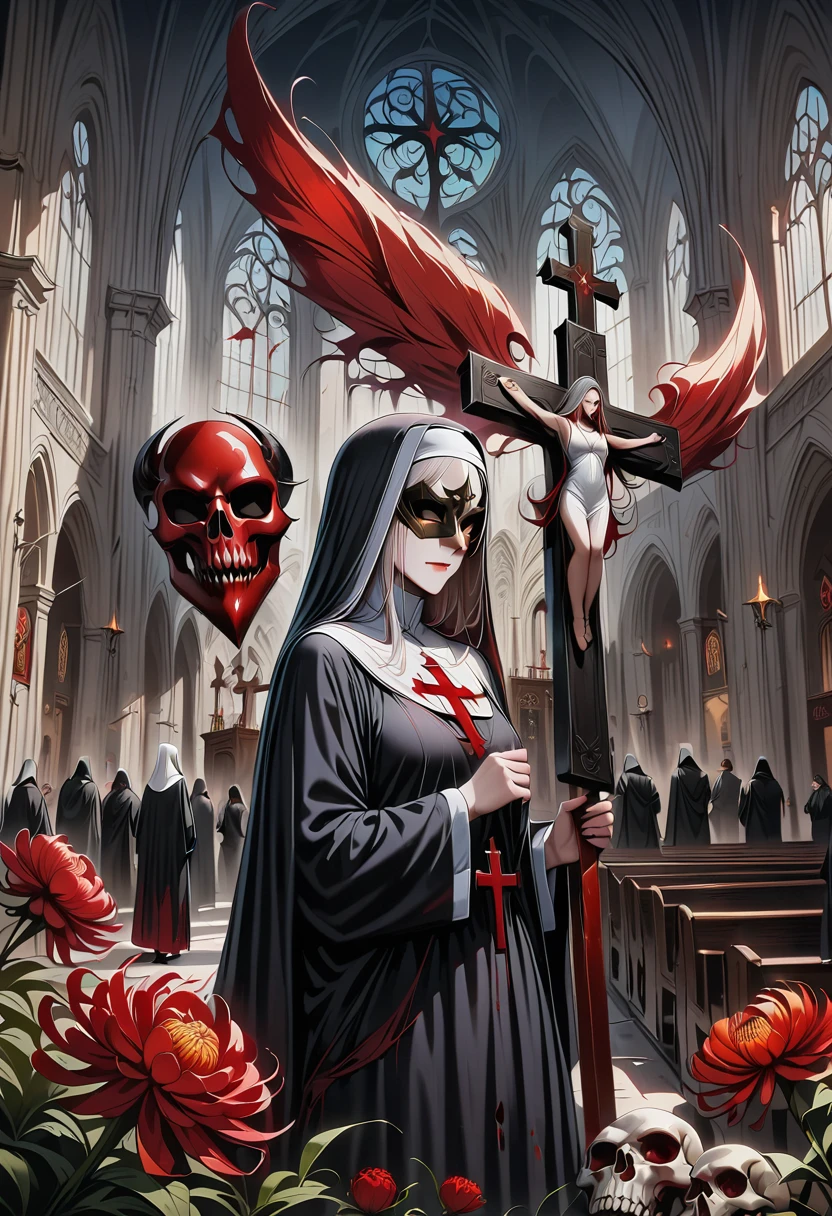 (best quality,4K,8K,high resolution,masterpiece:1.2),Super detailed,(actual,photoactual,photo-actual:1.37),Giant cross:1.37,Spacious church,Beautiful nun,black robe,(meticulously made,Gorgeous) mask,Demons around,skull,bloody,red lily,red chrysanthemum,flame,Light.bloody,blood stains,,flame,