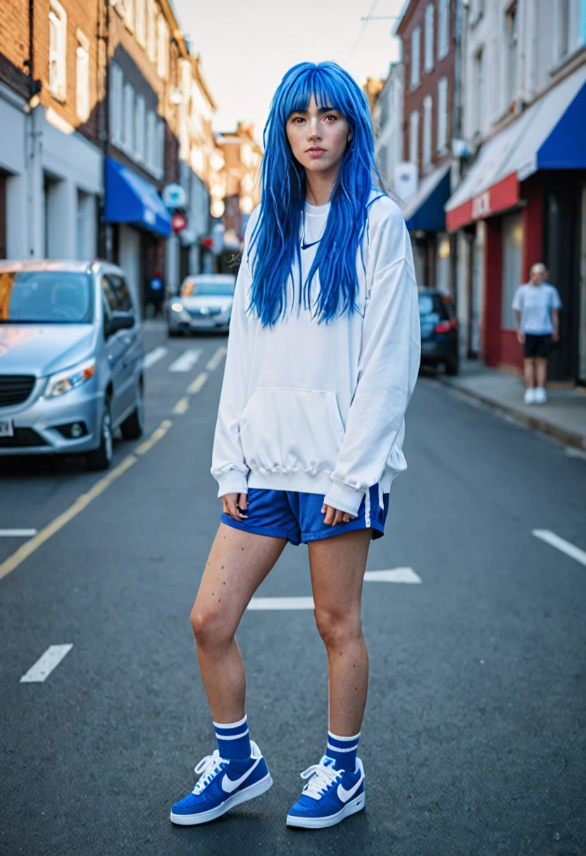 blue hair。Best Anamorphic Lens Photography。Women with freckles。In the background, the morning sun shines on her hair.、background is blurry。jersey figure。I'm wearing Air Force Nike sneakers.。Standing and showing the whole body。Shuttered streets。I'm wearing high socks。